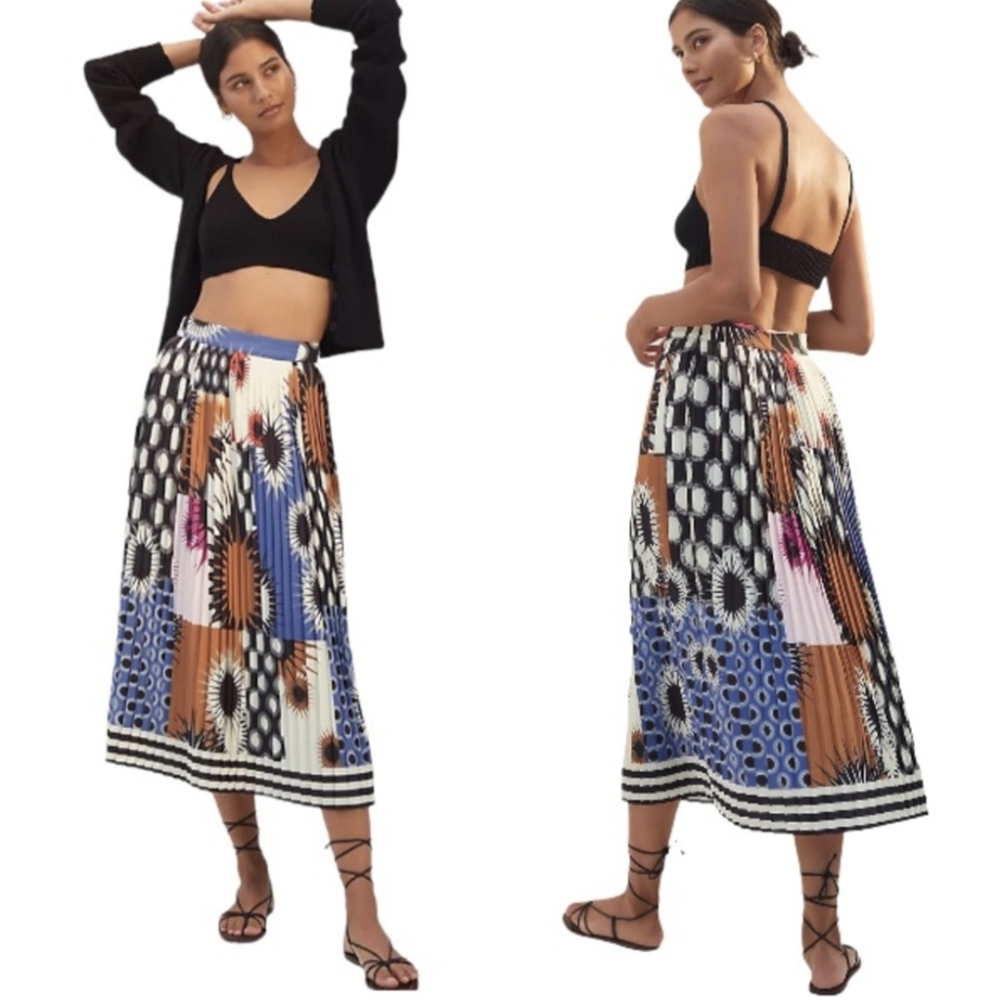 Dhruv Kapoor Anthropologie Pleated Geo Print Midi Maxi Skirt, Size Large